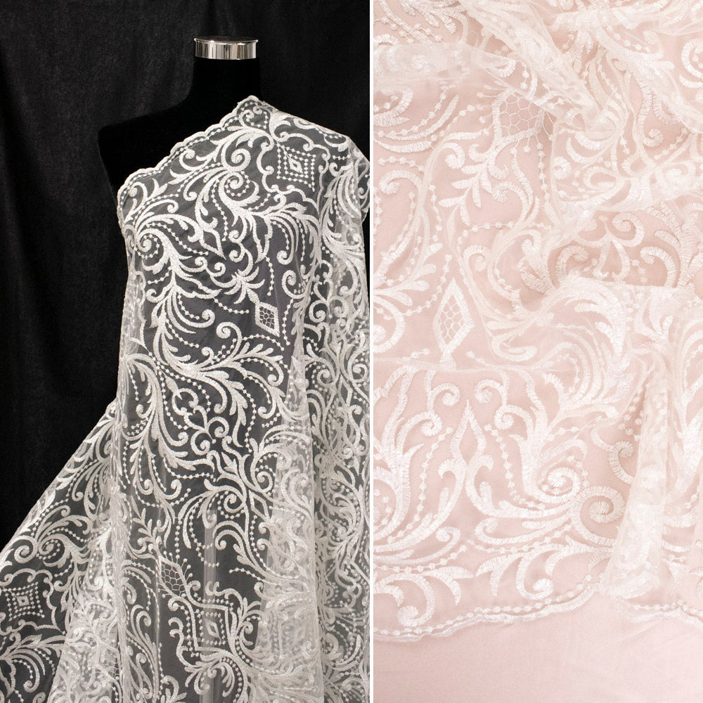 Embroidered Couture Bridal Laces – WS21 Off White Damask Floral Vines