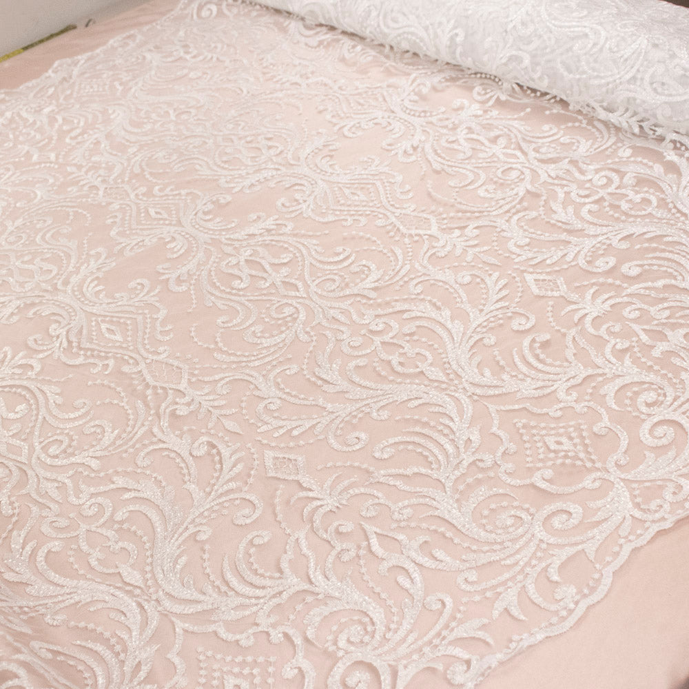 Embroidered Couture Bridal Laces – WS21 White Damask Floral Vines