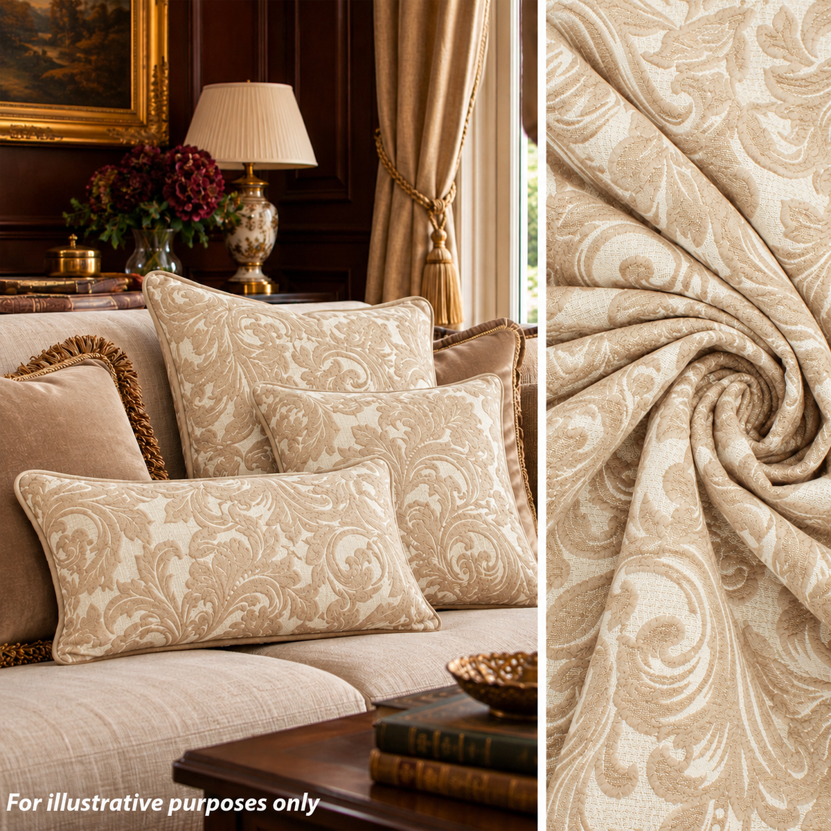 Ottoman Chenille Baroque Scroll Upholstery/Curtaining Fabric in Cream