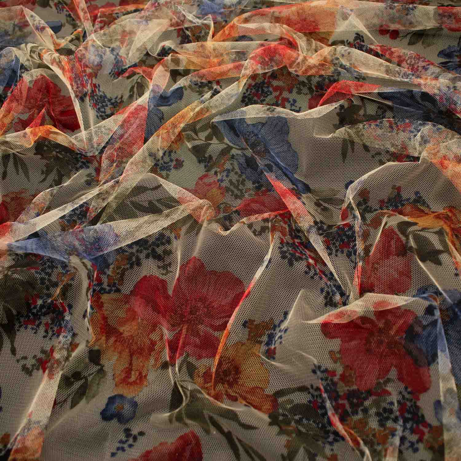 Digital Printed Fine Soft English Tulle Dark Blue Poppy