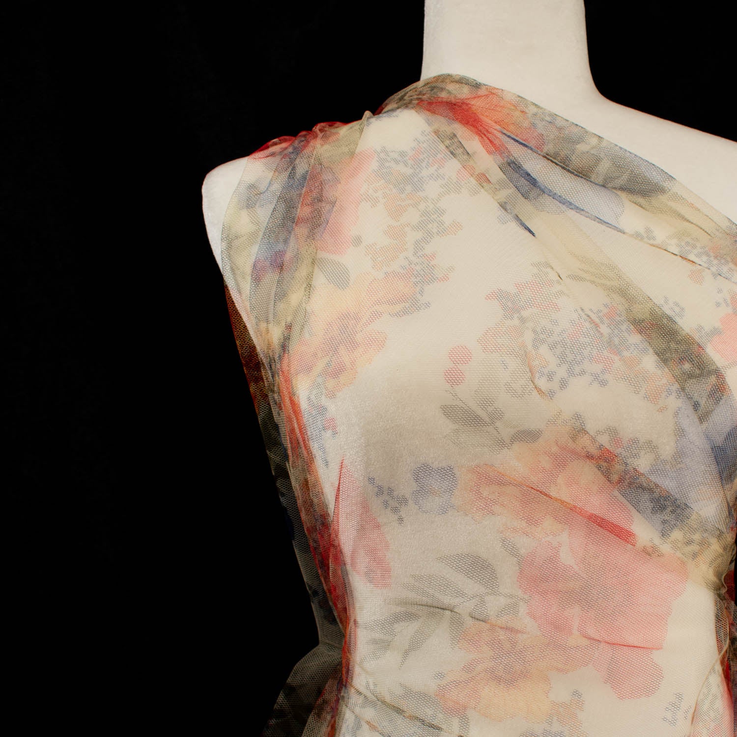 Digital Printed Fine Soft English Tulle Dark Blue Poppy