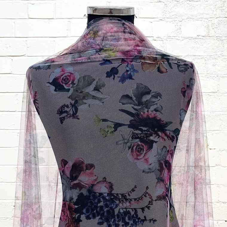 Digital Printed Fine Soft English Tulle Bright Pink Blossom