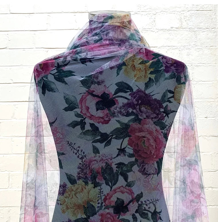 Digital Printed Fine Soft English Tulle Hot Pink Rose