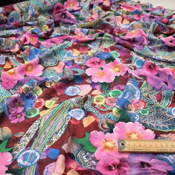 Printed Rayon Design-64 Pink Flowers & Blue Paisley on Maroon