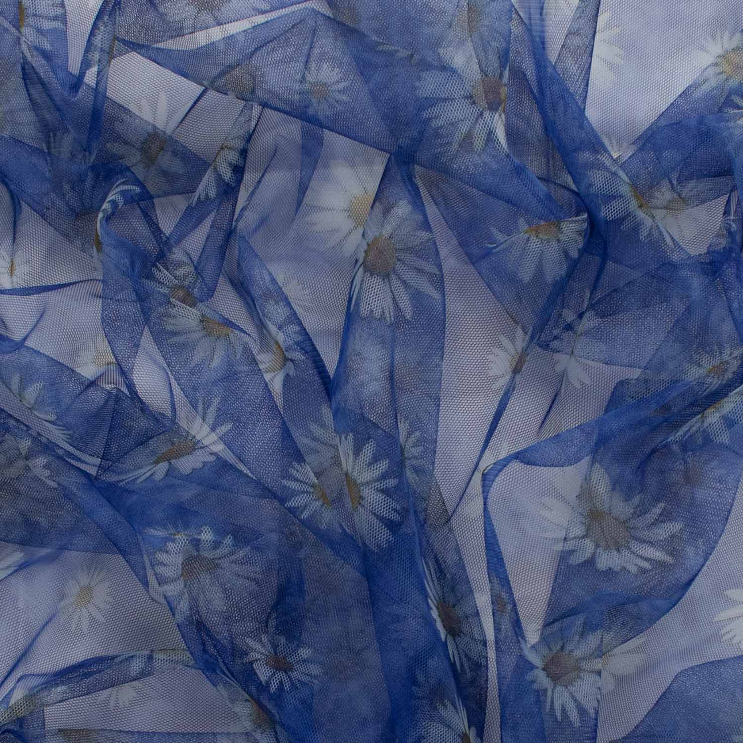 Digital Printed Tulle Blue & White Sunflower