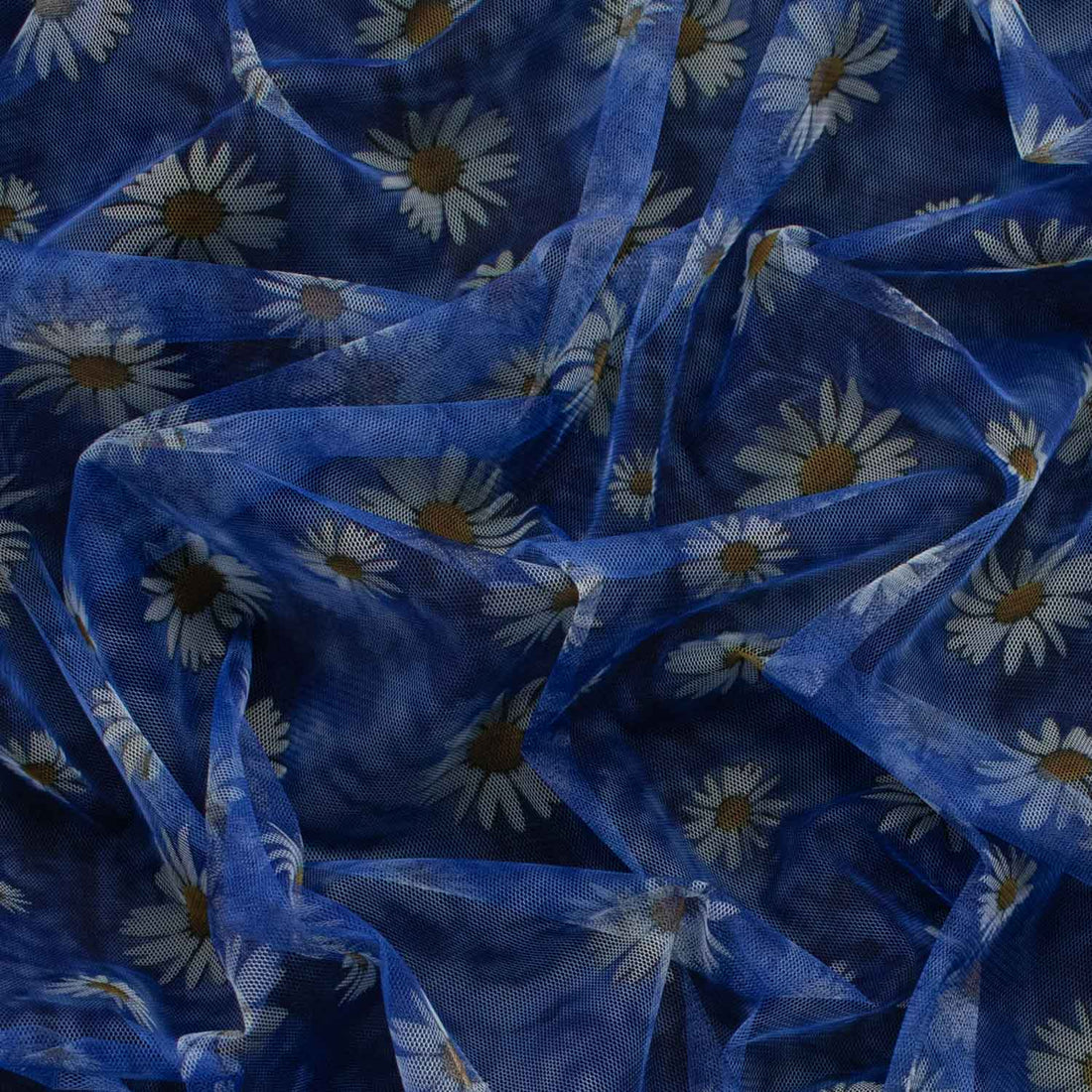 Digital Printed Tulle Blue & White Sunflower