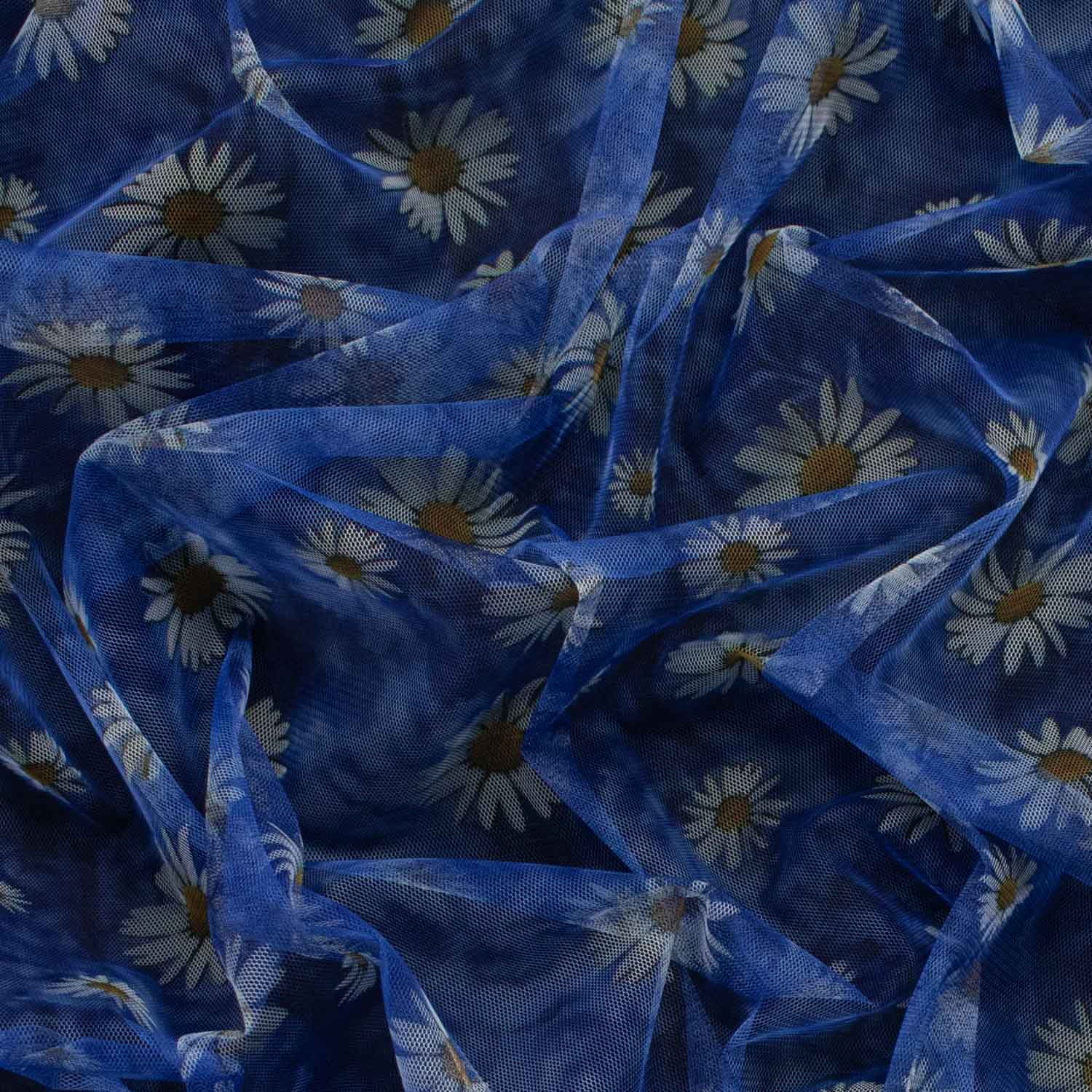 Digital Printed Tulle Blue & White Sunflower