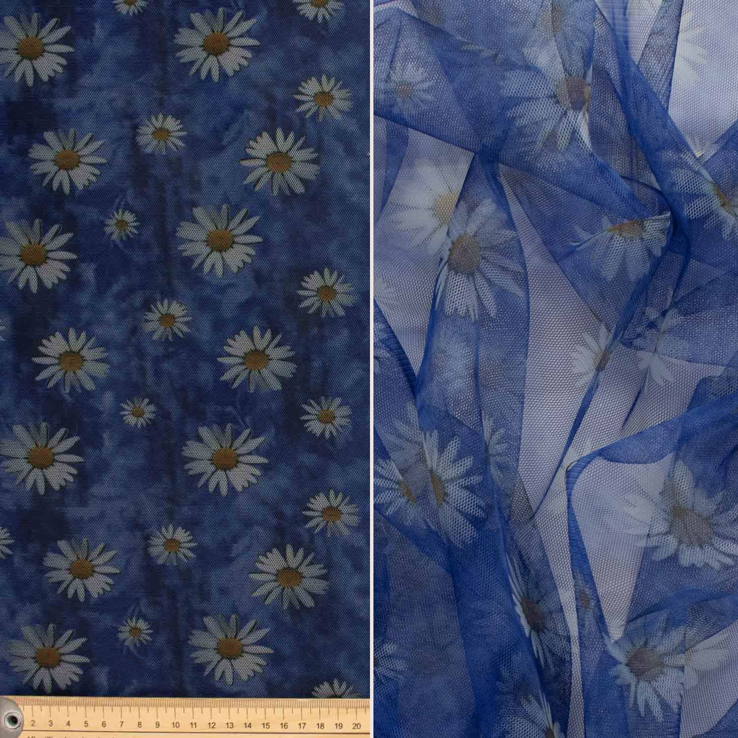 Digital Printed Tulle Blue & White Sunflower