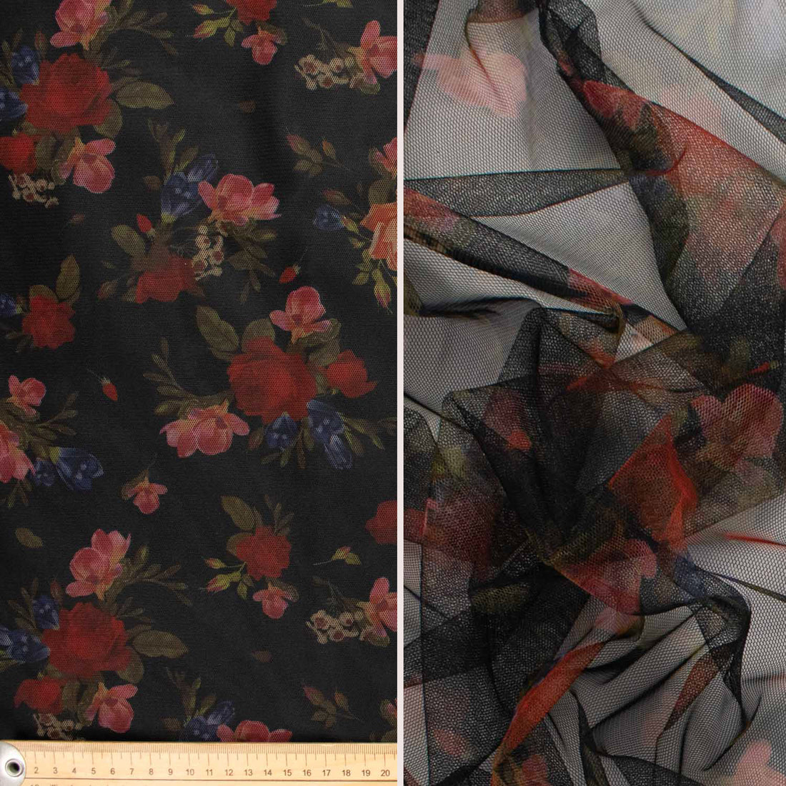 Digital Printed Tulle Black & Red Rose