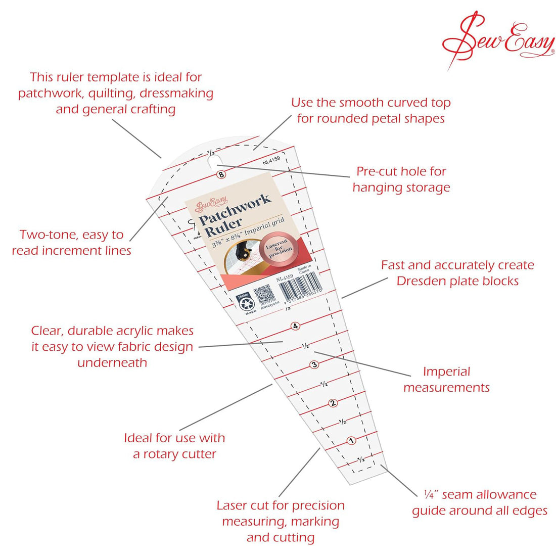 Sew Easy Quilting Patchwork Dresden Plate Ruler 3.37" x 8.75"