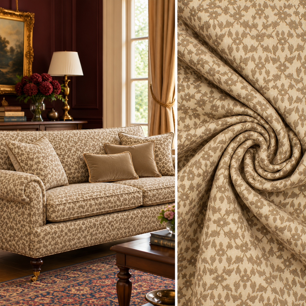 Ottoman Small Flower Chenille Upholstery/Curtaining Fabric in Cream