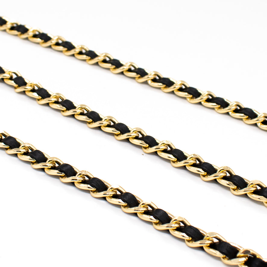 Embellished Metallic Chain Interwoven Leather Strap Trim