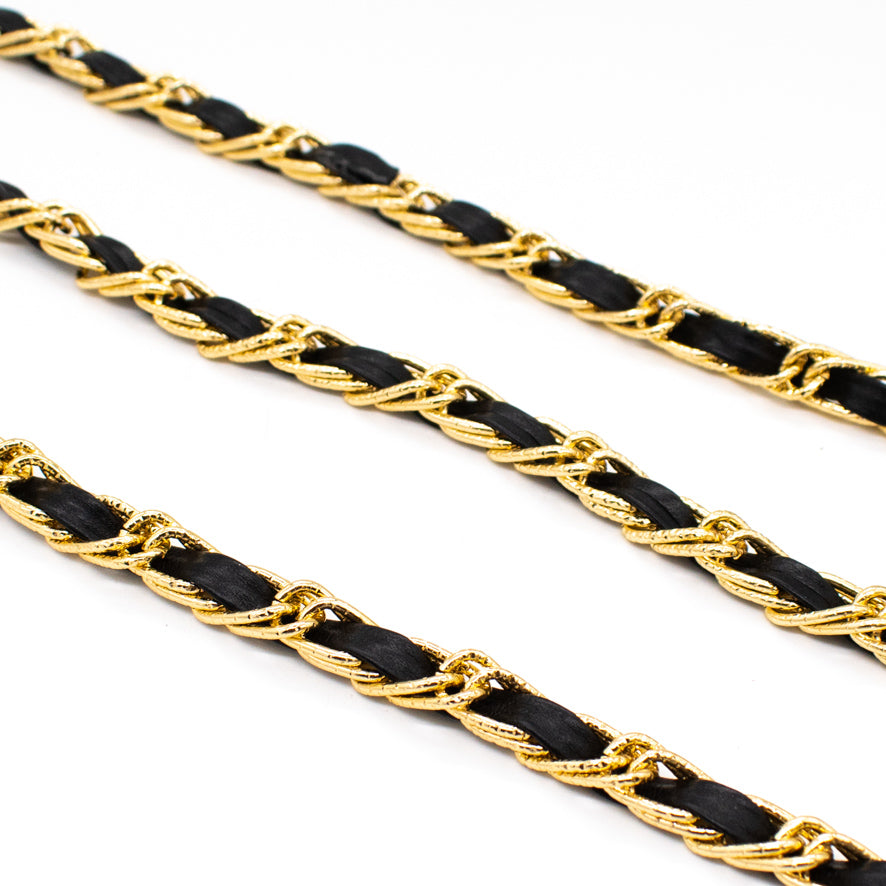 Embellished Metallic Chain Interwoven Leather Strap Trim