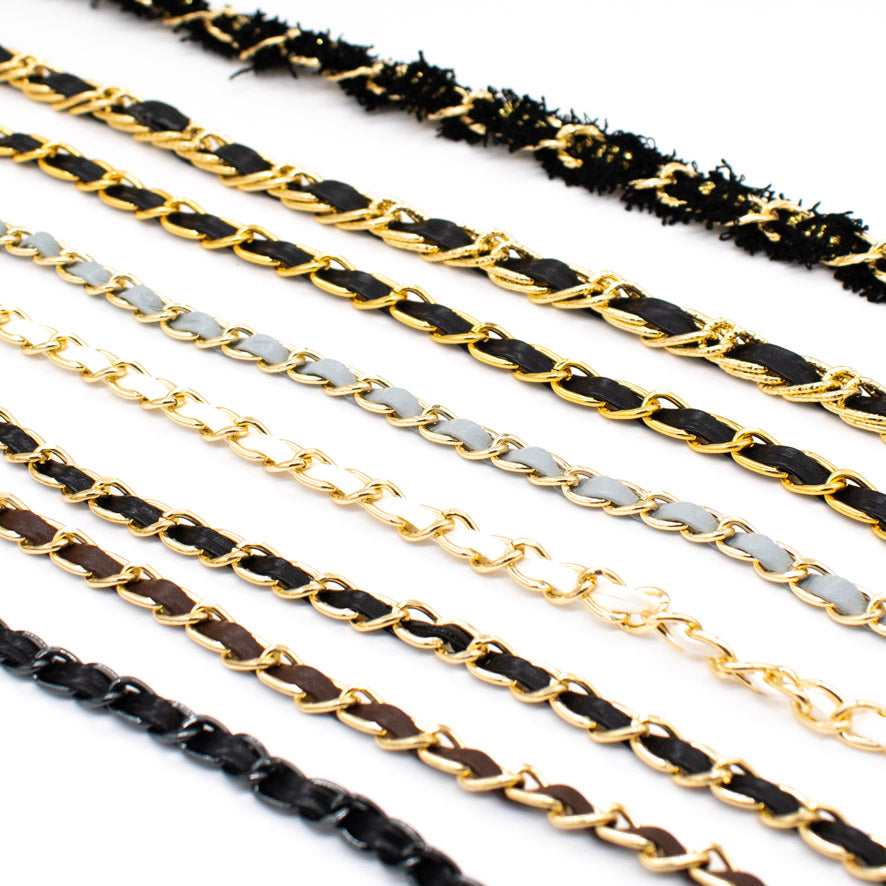 Embellished Metallic Chain Interwoven Leather Strap Trim