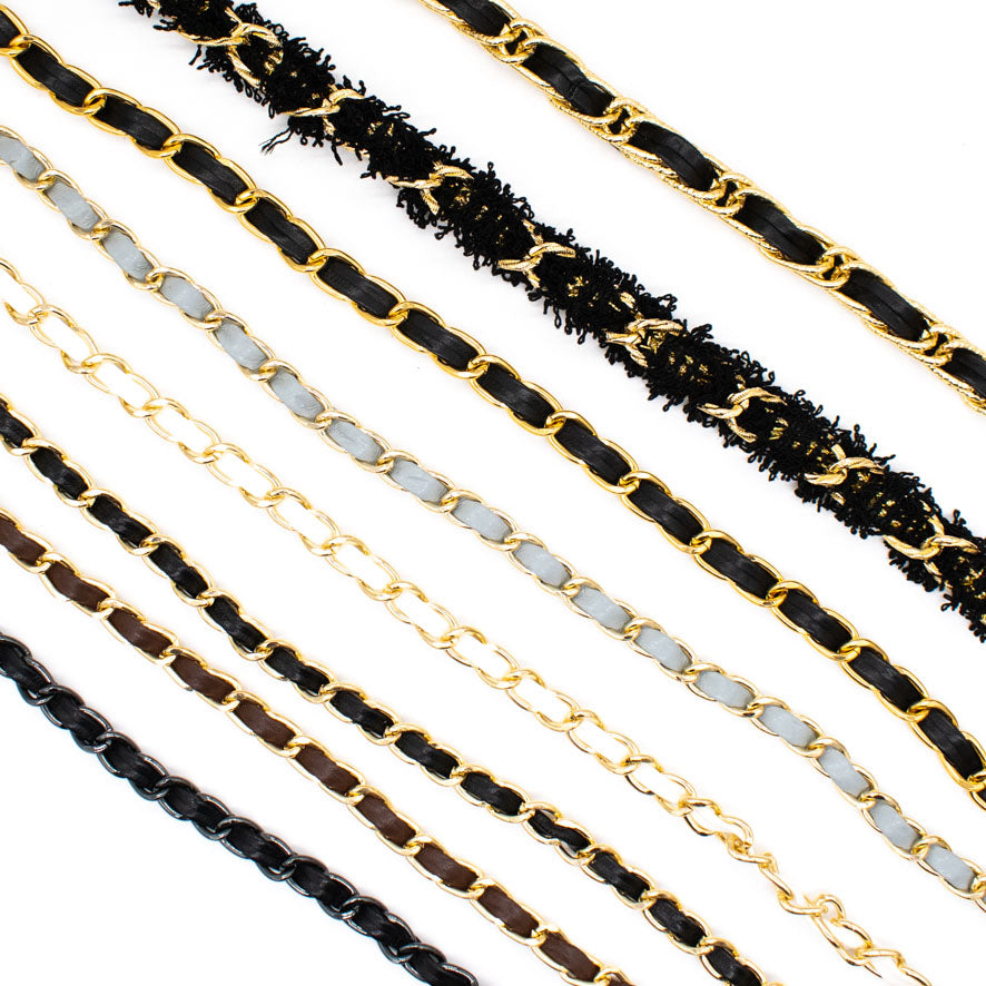 Embellished Metallic Chain Interwoven Leather Strap Trim