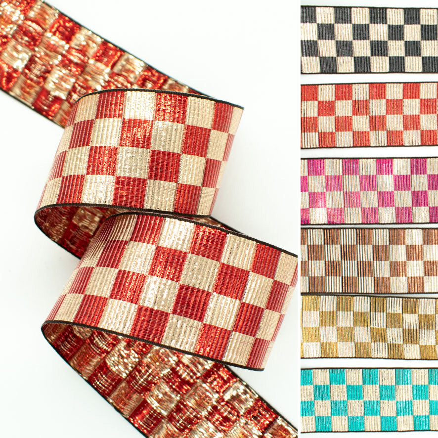 Metallic Fancy Embroidered Jacquard Ribbon Checks-40mm