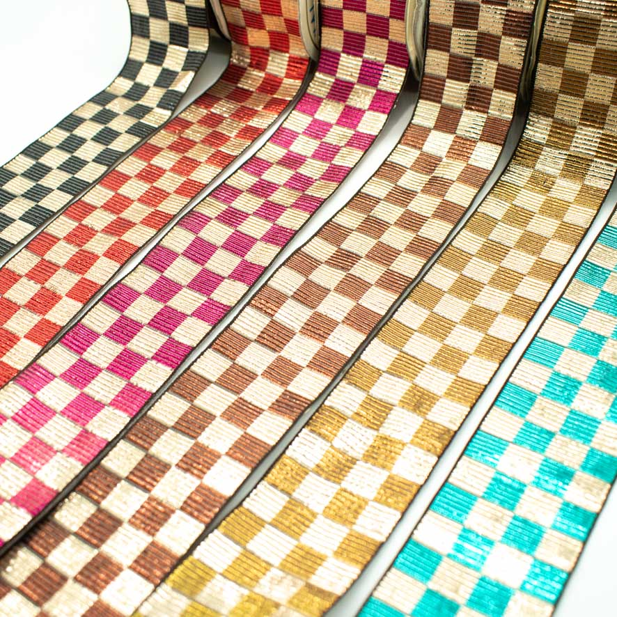 Metallic Fancy Embroidered Jacquard Ribbon Checks-40mm