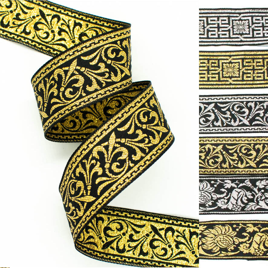 Gold & Silver Metallic Embroidered Jacquard Ribbon-35mm