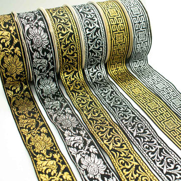 Gold & Silver Metallic Embroidered Jacquard Ribbon-35mm