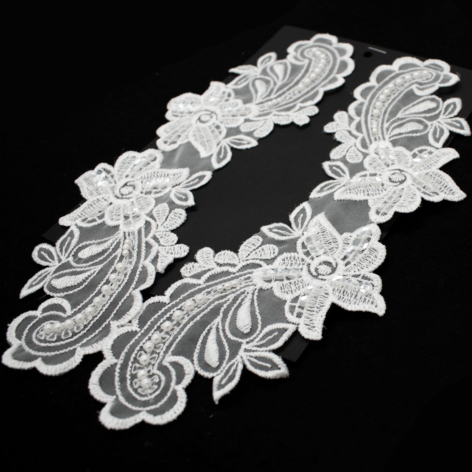 Premium Bridal Flower Embroidered Lace Motif with Sequins & Pearl Design-2 White