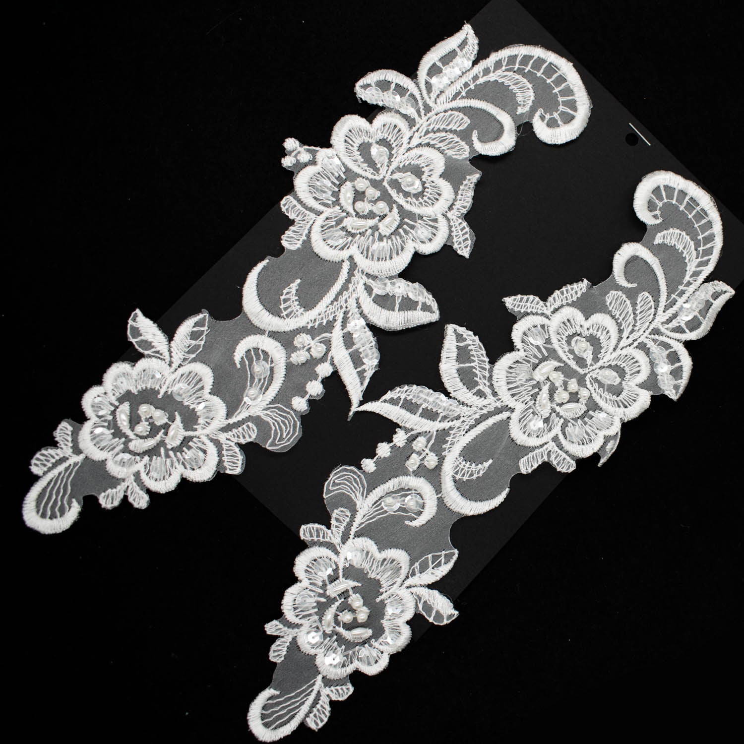 Premium Bridal Flower Embroidered Lace Motif with Sequins & Pearl Design-3 White