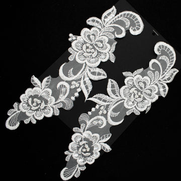 Premium Bridal Flower Embroidered Lace Motif with Sequins & Pearl Design-3 White