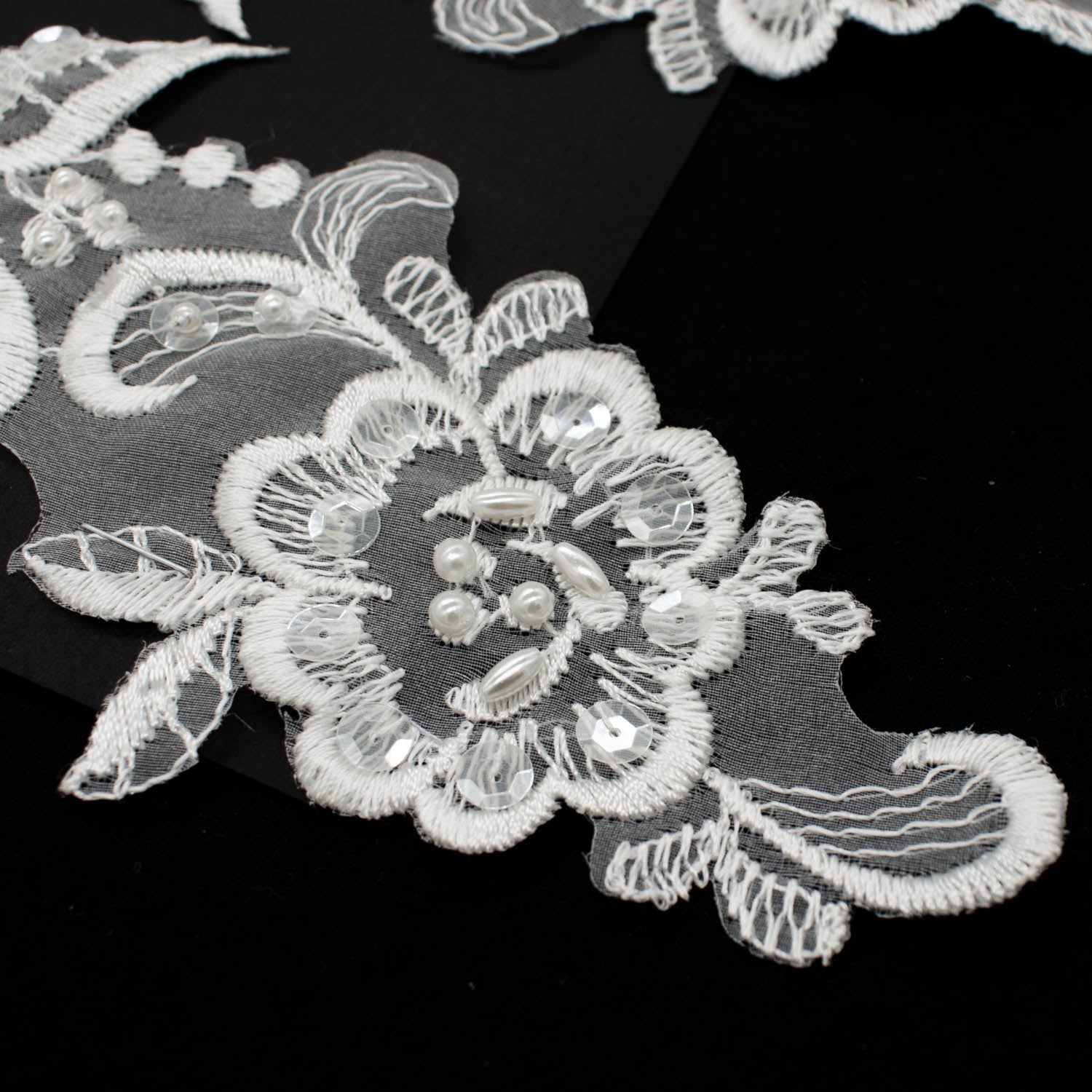 Premium Bridal Flower Embroidered Lace Motif with Sequins & Pearl Design-3 White