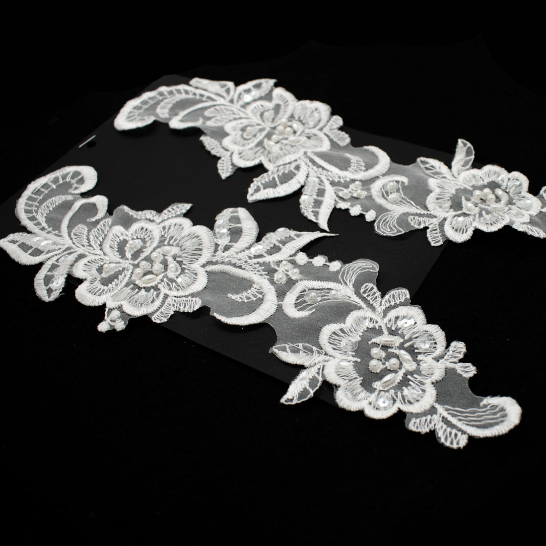 Premium Bridal Flower Embroidered Lace Motif with Sequins & Pearl Design-3 White