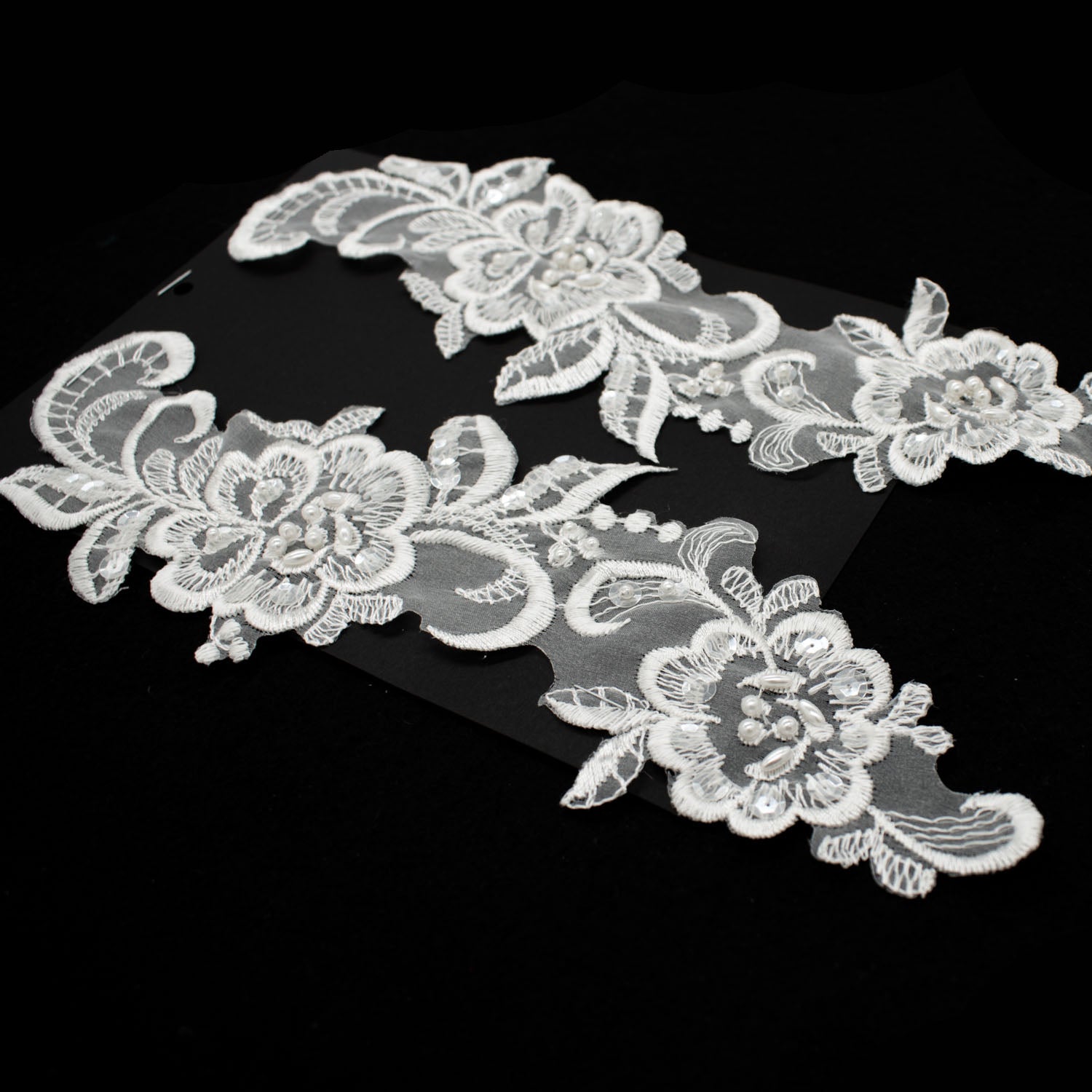 Premium Bridal Flower Embroidered Lace Motif with Sequins & Pearl Design-3 White
