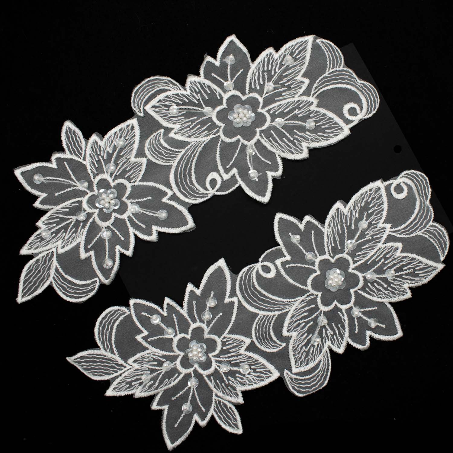 Premium Bridal Flower Embroidered Lace Motif with Sequins & Pearl Design-4 White