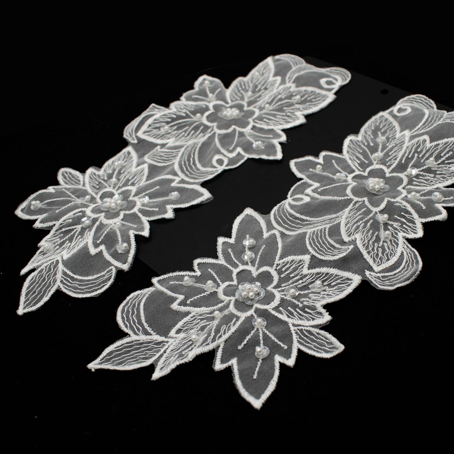 Premium Bridal Flower Embroidered Lace Motif with Sequins & Pearl Design-4 White