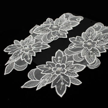 Premium Bridal Flower Embroidered Lace Motif with Sequins & Pearl Design-4 White