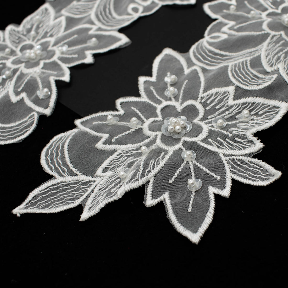 Premium Bridal Flower Embroidered Lace Motif with Sequins & Pearl Design-4 White