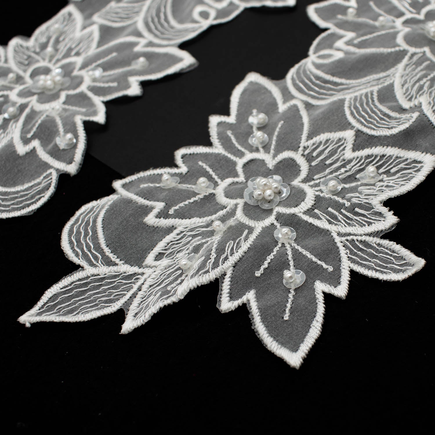 Premium Bridal Flower Embroidered Lace Motif with Sequins & Pearl Design-4 White