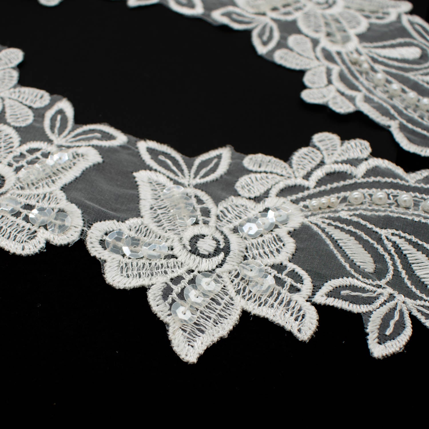 Copy of Premium Bridal Flower Embroidered Lace Motif with Sequins & Pearl Design-5 Ivory