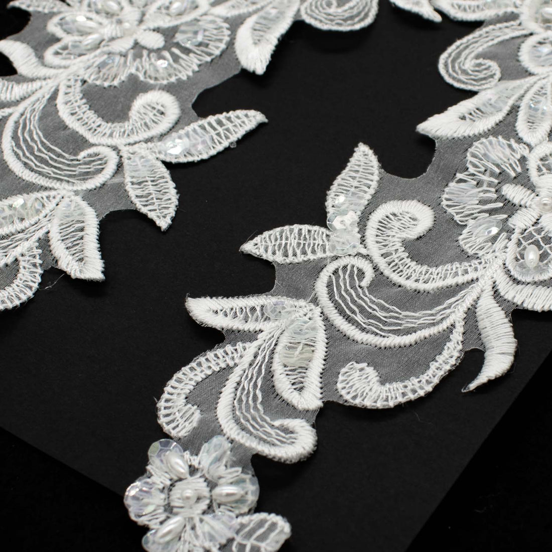 Premium Bridal Flower Embroidered Lace Motif with Sequins & Pearl Design-6 White