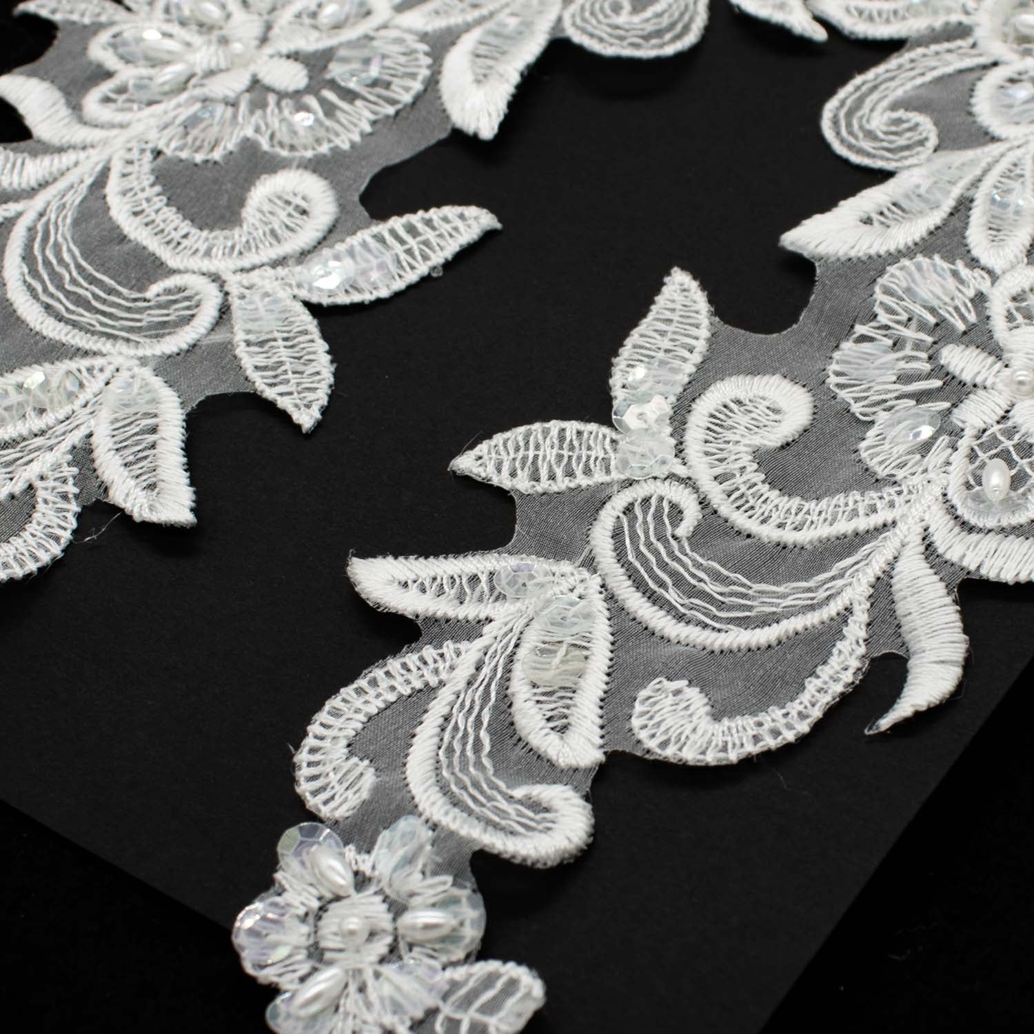 Premium Bridal Flower Embroidered Lace Motif with Sequins & Pearl Design-6 White