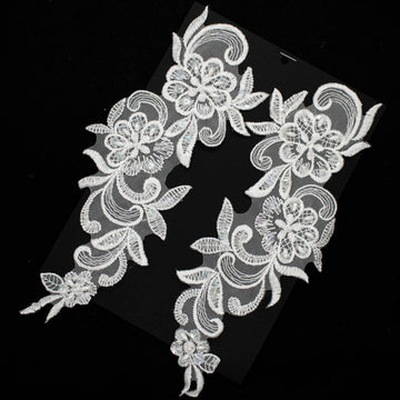 Premium Bridal Flower Embroidered Lace Motif with Sequins & Pearl Design-6 White