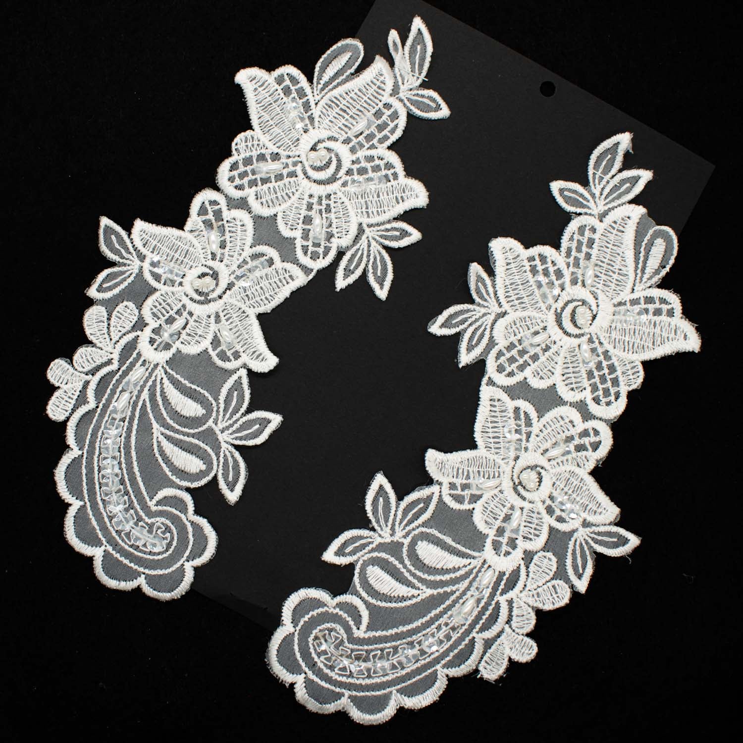 Premium Bridal Flower Embroidered Lace Motif with Sequins & Pearl Design-1 Ivory