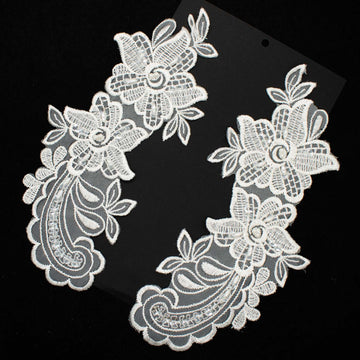 Premium Bridal Flower Embroidered Lace Motif with Sequins & Pearl Design-1 Ivory