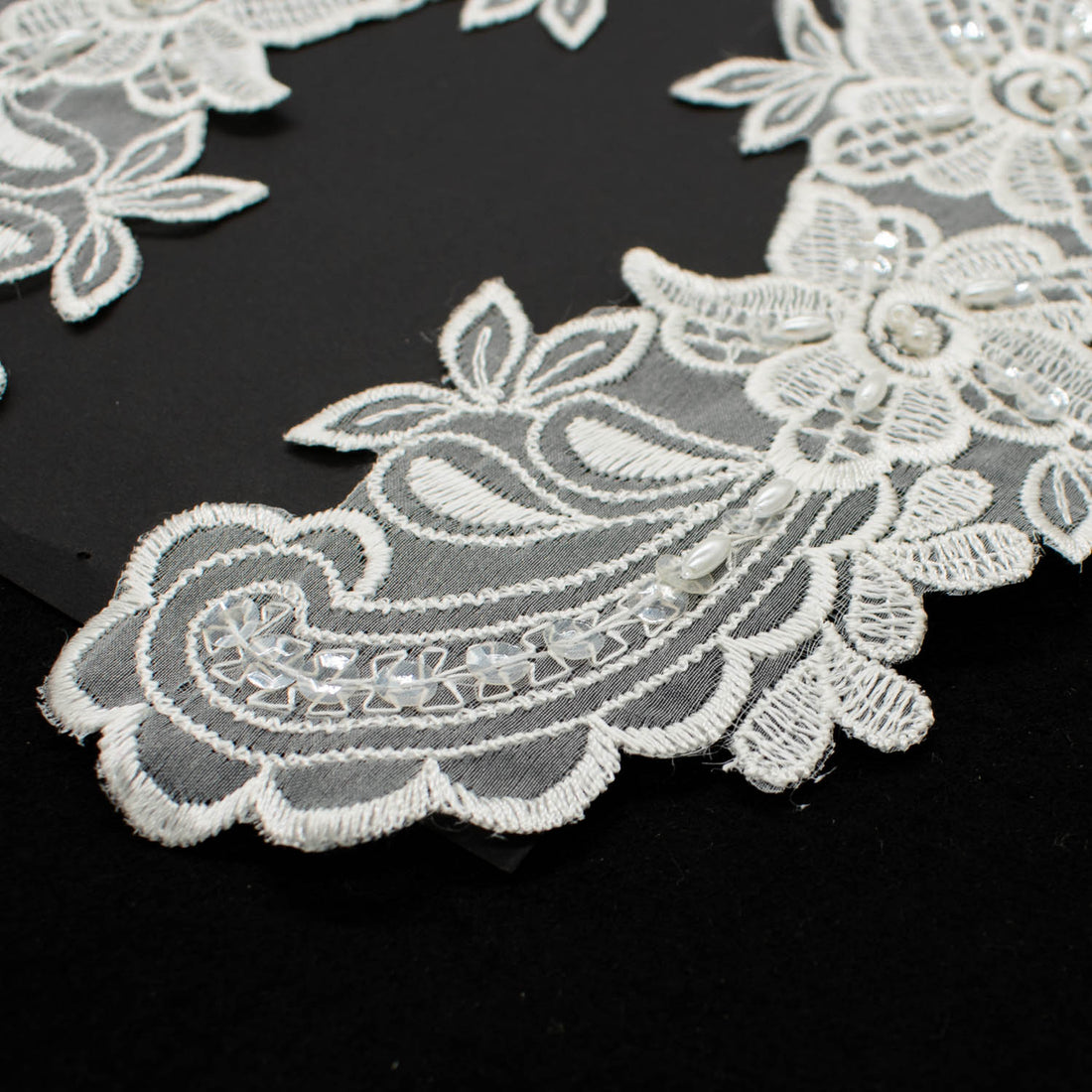 Premium Bridal Flower Embroidered Lace Motif with Sequins & Pearl Design-1 Ivory