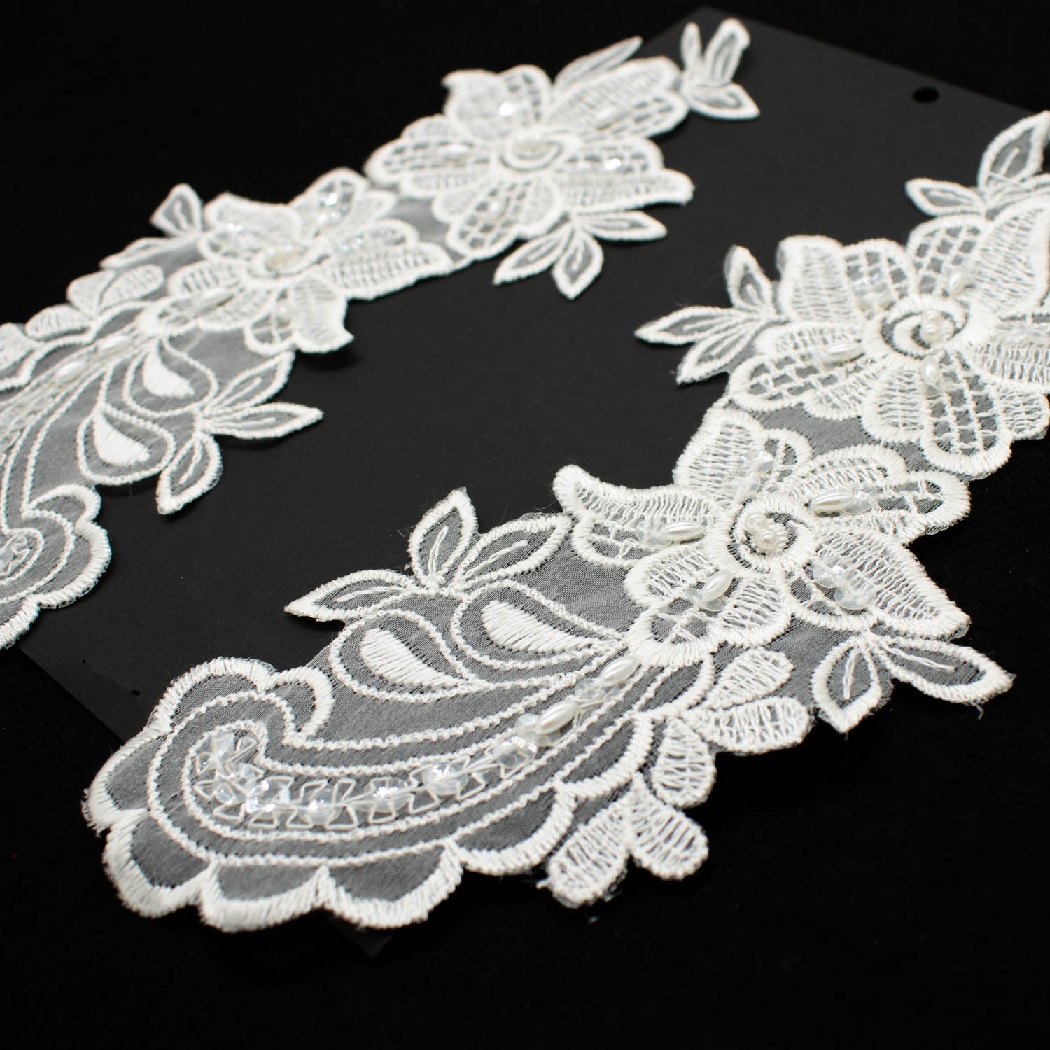 Premium Bridal Flower Embroidered Lace Motif with Sequins & Pearl Design-1 Ivory