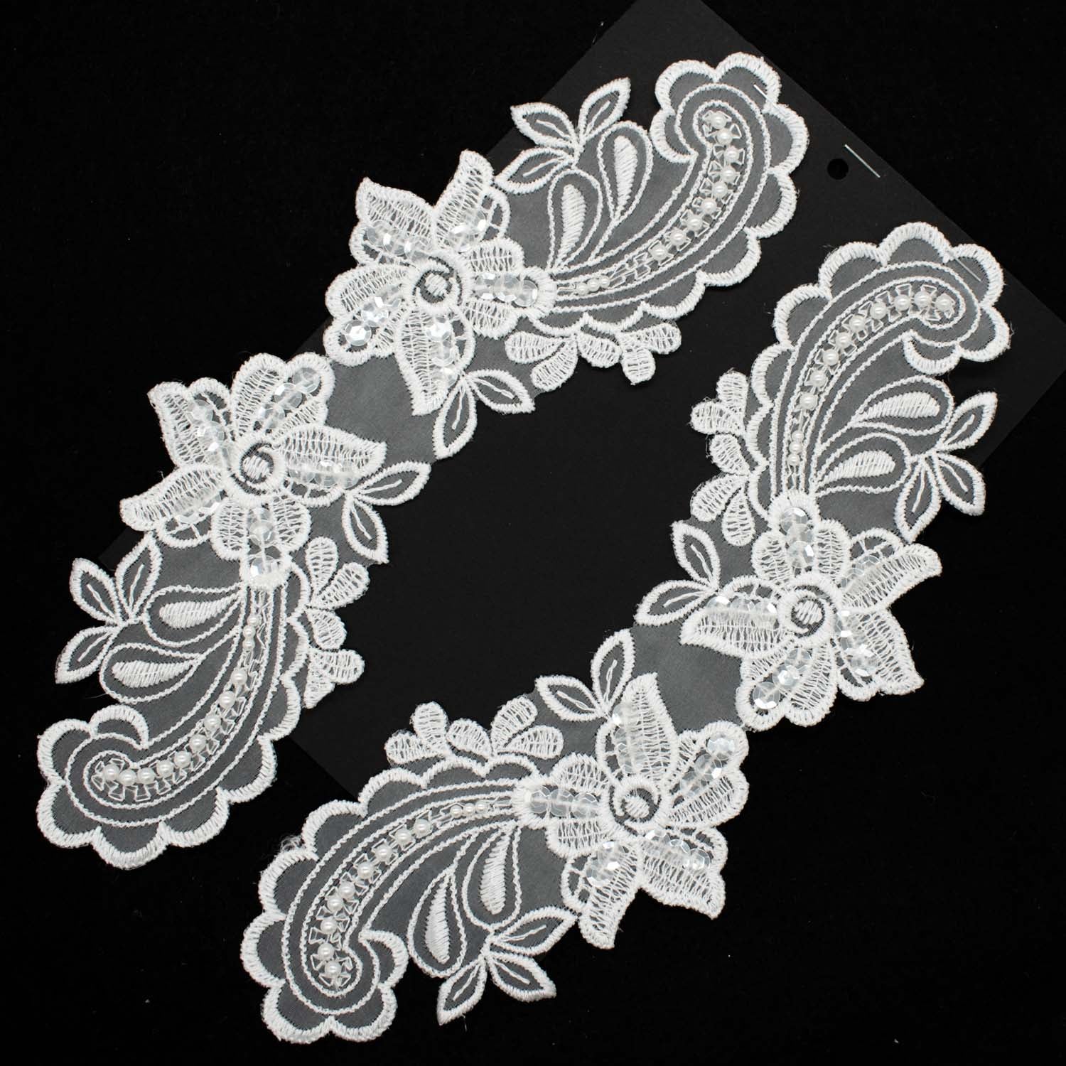 Premium Bridal Flower Embroidered Lace Motif with Sequins & Pearl Design-2 White