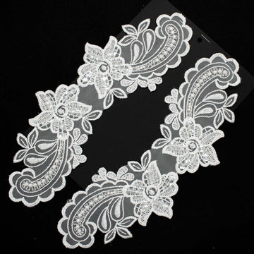 Premium Bridal Flower Embroidered Lace Motif with Sequins & Pearl Design-2 White