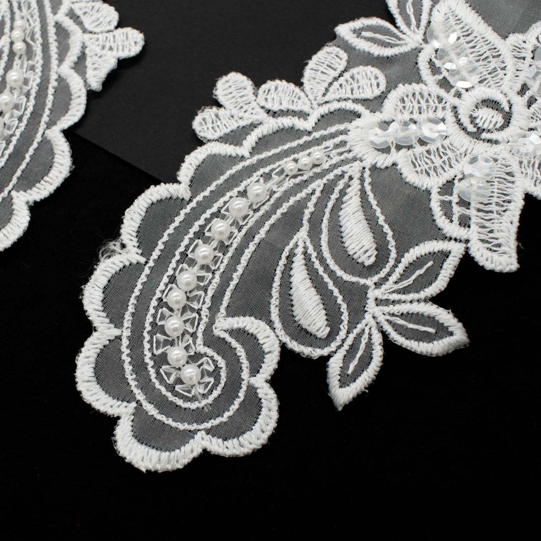 Premium Bridal Flower Embroidered Lace Motif with Sequins & Pearl Design-2 White