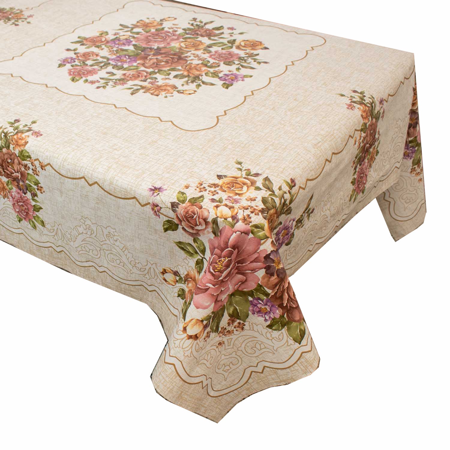 Brown & Pink Flower Square Plastic Tablecloth Fabric 140X140 cm Panel