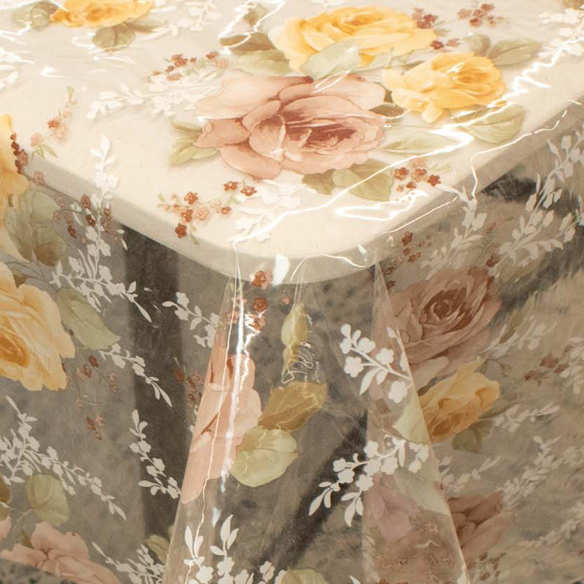 Beige & Yellow Flowers Transparent Plastic Tablecloth Fabric