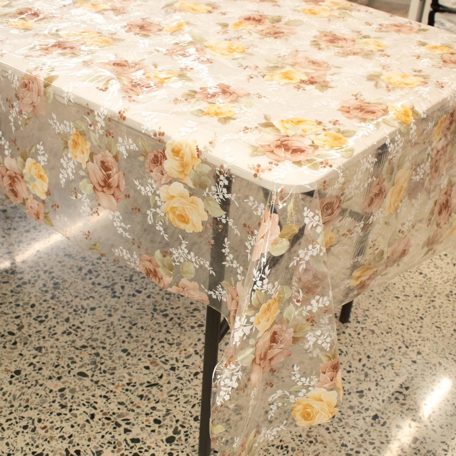 Beige & Yellow Flowers Transparent Plastic Tablecloth Fabric