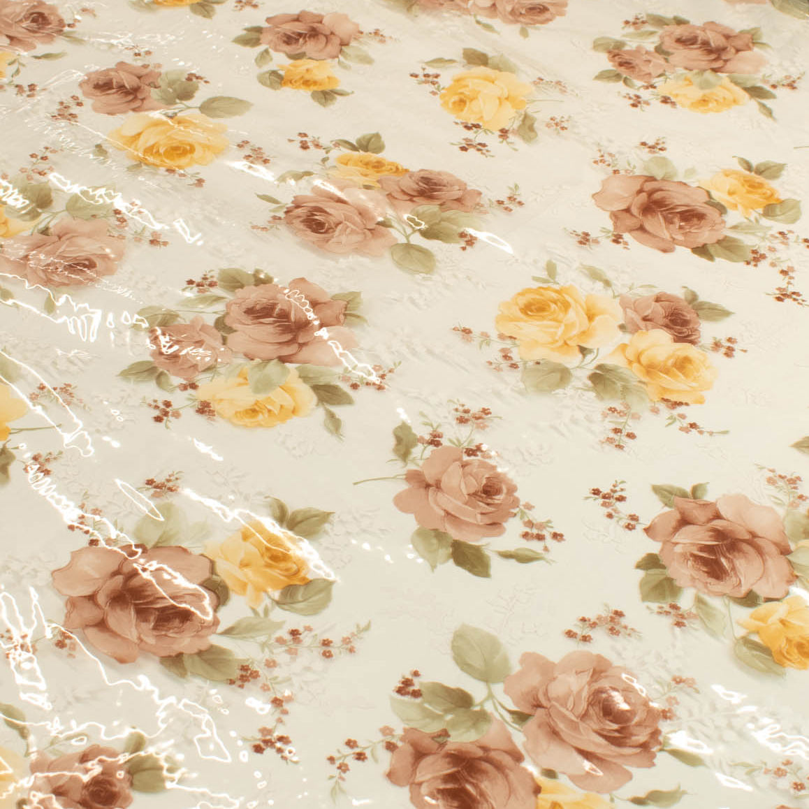Beige & Yellow Flowers Transparent Plastic Tablecloth Fabric