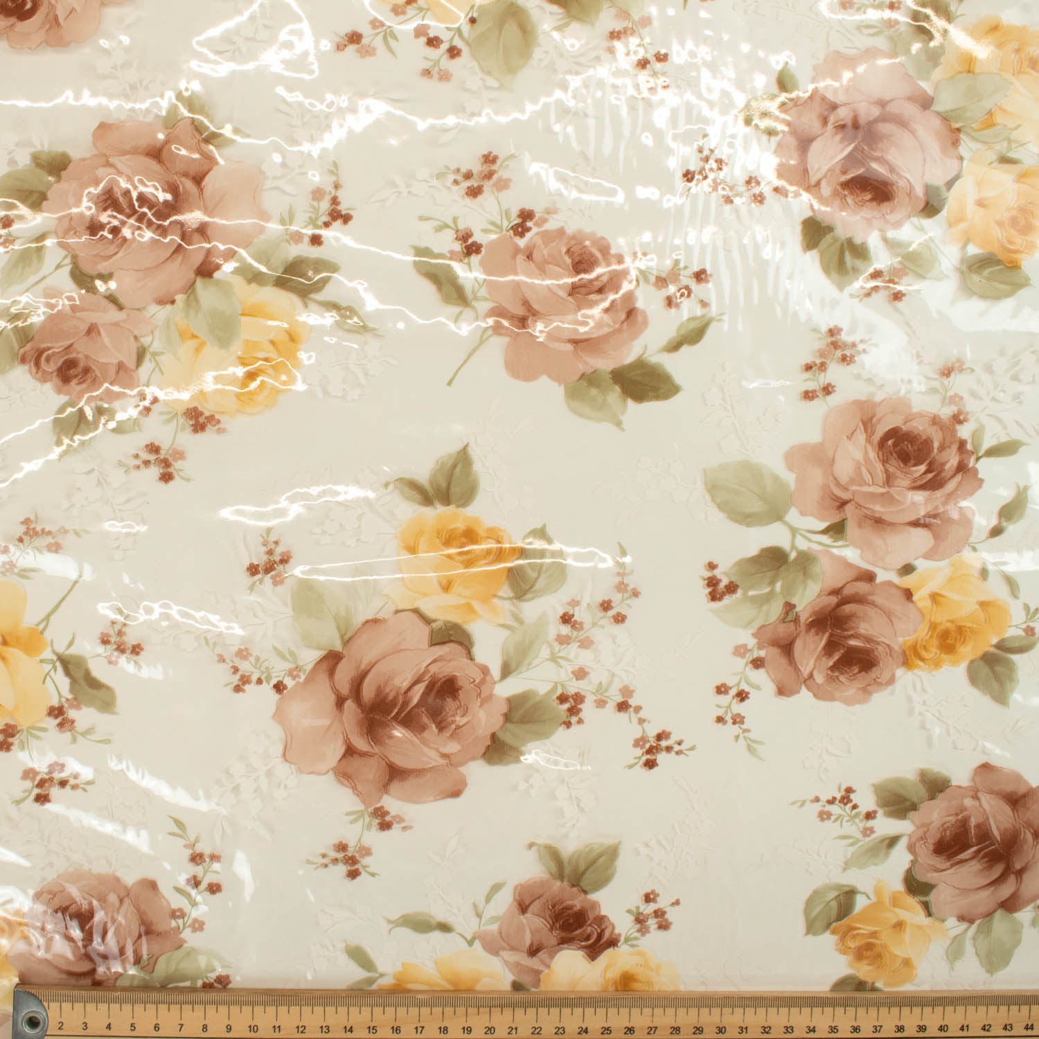 Beige & Yellow Flowers Transparent Plastic Tablecloth Fabric
